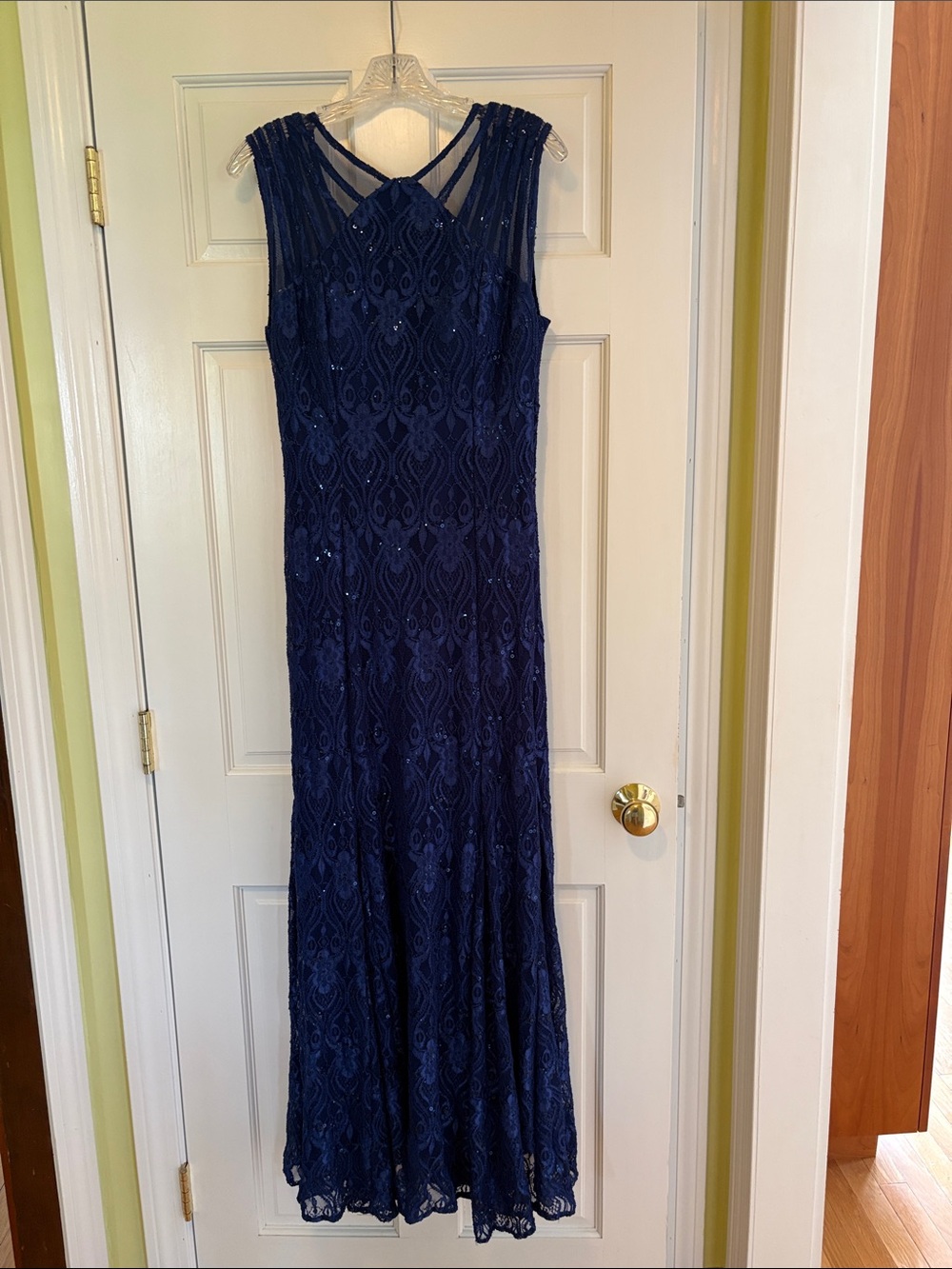 R&M Richards Navy Beaded Lace Maxi Gown